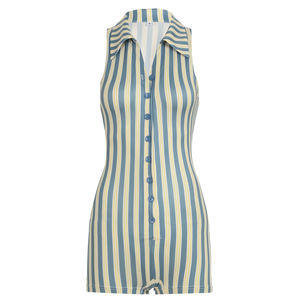 Mono Corto sin Mangas con Cuello y Bloques de Color a Rayas, Ajustado, Informal, Deportivo, Estilo Urbano para Mujer - Product Image 6