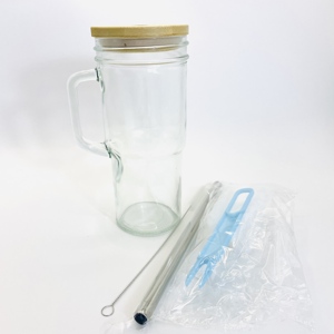 24Oz 650Ml Glazen Fles Beker Met Bamboe Deksel Handvat Brede Mond Boba Smoothie Iced Koffie Thee Melk Tuimelaar Met Stro - Product Image 3