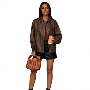 Brown Leather <b>Jacket</b> V-neck <b>Half</b> <b>Zip</b> Casual Loose Fit Regular Length Winter Style Unisex Hooded Thick Bamboo Lining Vintage - Product Image 1