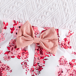 ชุดเซ็ตสองชิ้นหลากสีสันสำหรับเด็กผู้หญิง เสื้อท่อนบนประดับโบว์สวยงามพร้อมแขนบานจับคู่กับกางเกงขาสั้นลายดอกไม้ - Product Image 5