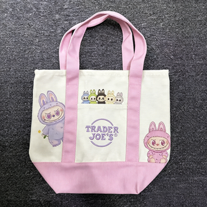 Bolsas de Lona Personalizadas con Bordado de Trader Joe's, Bolsas Reutilizables con Estampado de Labubu, Bolsas de Lona de Diseño en Colores Pastel - Product Image 1