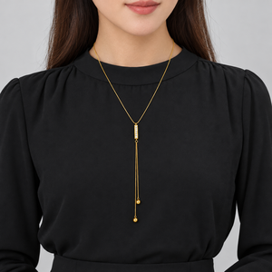 Collar Largo con Colgante en Forma de Y, Acero Inoxidable, Zirconia, Chapado al Vacío en Oro de 14K, Ajustable, 45+5.5 cm, Borla Doble - Product Image 5