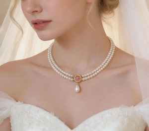 Collar de Perlas Artificiales Clásico para Novia, <span class=keywords><strong>Gargantilla</strong></span> de Doble Hilera con Colgante de Gema - Product Image 2