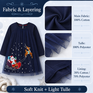 Vestido de Fiesta Navideño para Niñas, Tul Bordado con Santa Claus, Manga Larga, 100% Algodón, Azul Marino, para 2-7 Años, Personalizado OEM - Product Image 5