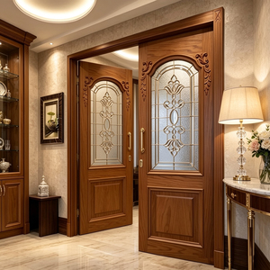 Puerta de Entrada de Madera Sólida GA-43G con Diseño Curvo Contemporáneo y Vidrio Teñido, Doble Moldura Abatible para Villa - Product Image 3
