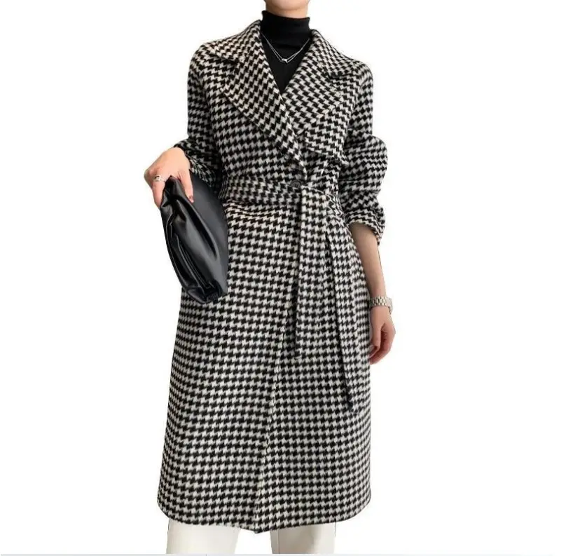 Thick long trench coat houndstooth women's plaid woolen coats with belt