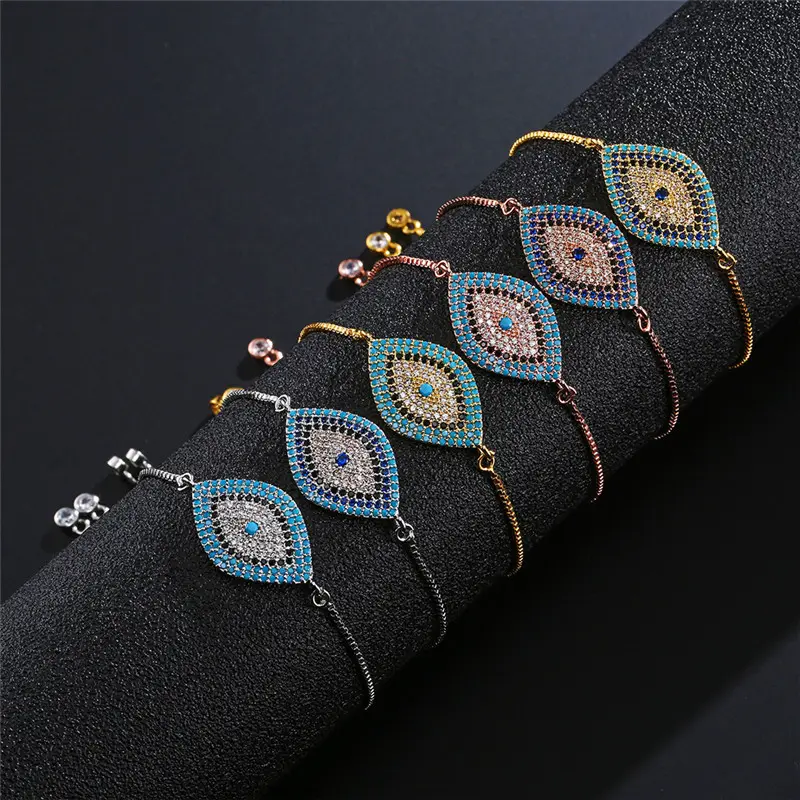 Factory Custom Women Jewelry Evil Eye Bracelets Copper Micro Set Bijoux Zircon Adjustable Bracelet