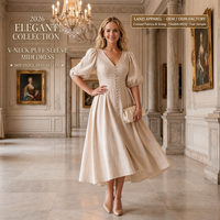 Robe midi sur mesure en lin pur tissé, style vintage, à manches courtes bouffantes, respirante, idéale pour l'été, la plage, les invités de mariage, tenue élégante