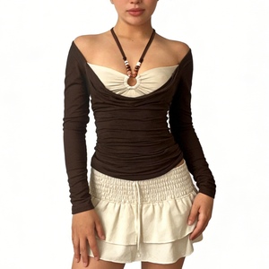 T-shirt décontracté pour femme à col halter, respirant, froncé, épaules dénudées, manches longues, coupe classique, tendance - Product Image 1