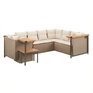 Set Divano da Giardino in Rattan PE Beige con Telaio in Acciaio e Legno di Acacia, Arredamento da Esterno dal Design Contemporaneo, 6 Posti - Product Image 1