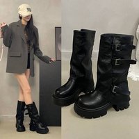 Bottes mi-mollet souples pour femmes en gros, bottes d'hiver antidérapantes à plateforme épaisse avec boucle en PU, logo personnalisé