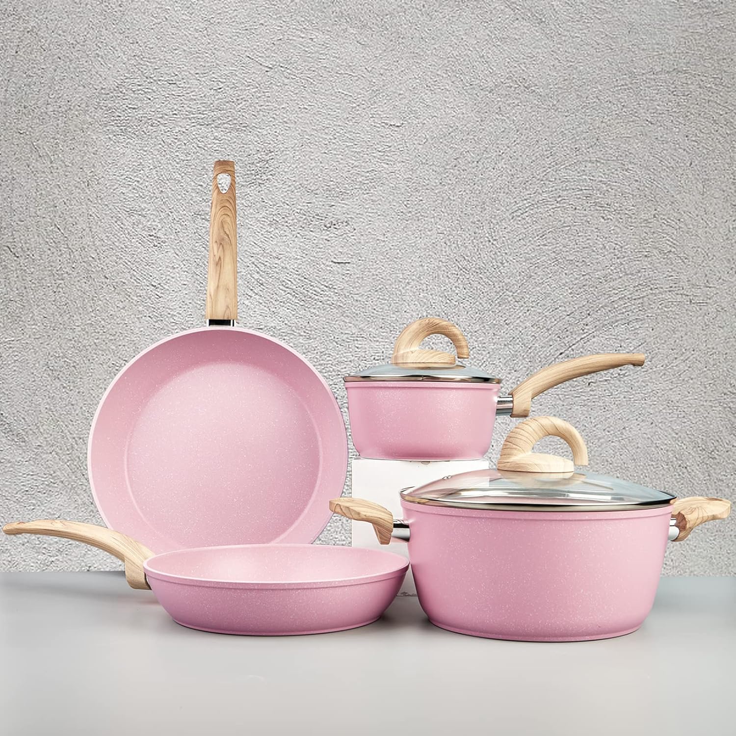 Set Pentole E Padelle Antiaderenti In Ceramica Rosa Cipria - 5 Pezzi Con Rivestimento Grigio Scintillante, Compatibili A Induzione