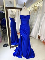 Nouvelle Robe de Soirée Bleu Royal en Satin Coupe Slim A-Line 2026, Bretelles Fines, Perles de Cristal, Élégante, Longueur Ras du Sol, pour Cocktail et Fêtes