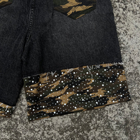 Shorts en jean noir baggy déchirés et vieillis, style streetwear vintage, avec logo personnalisé OEM, patchwork épais pour homme