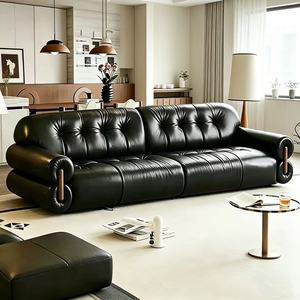 Premium Black Tufted Leather 3-Seater <b>Sofa</b> Roll Arm Button Tufted Couch For Luxury Living Room - Product Image 1