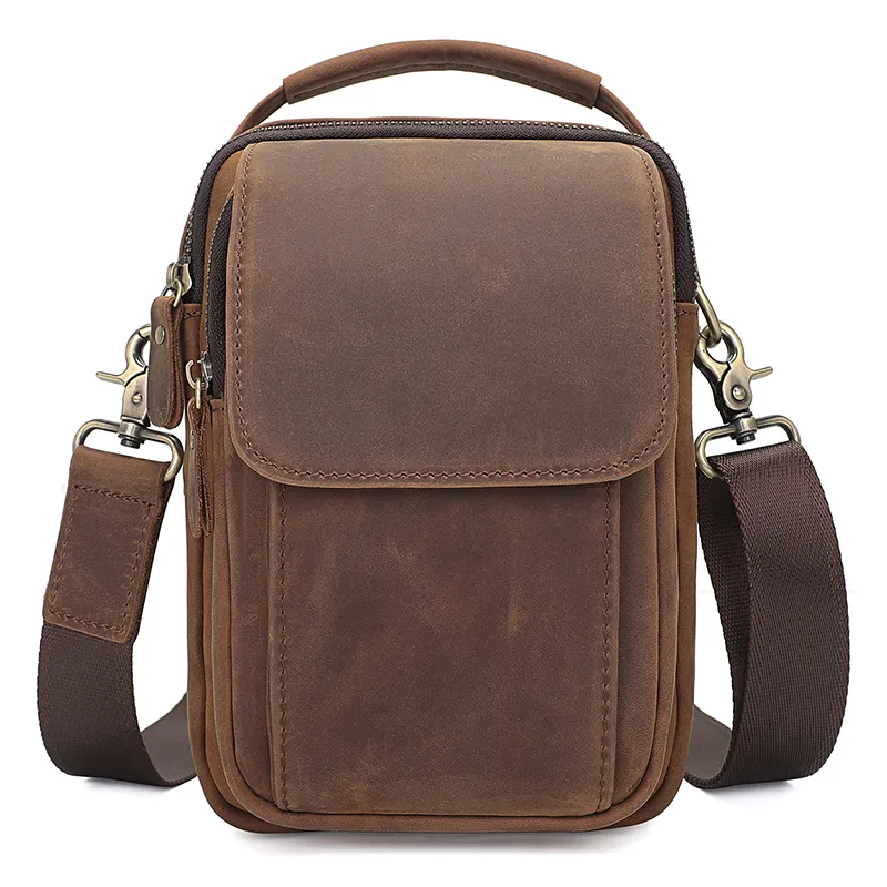 Custom Logo Genuine Leather Messenger Bag Waterproof Fashion Crazy Horse Leather Small Shoulder Bag Anti-theft Crossbody Bag Men