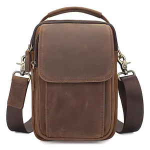 Sac à bandoulière en cuir véritable avec Logo personnalisé pour hommes, sacoche imperméable à la mode, petit sac à épaule antivol en cuir de cheval fou