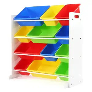 ASTM Custom White Wood Kinder Kinder Spielzeug Lager regal Organizer mit 12 abnehmbaren mehrfarbigen Kunststoff behältern