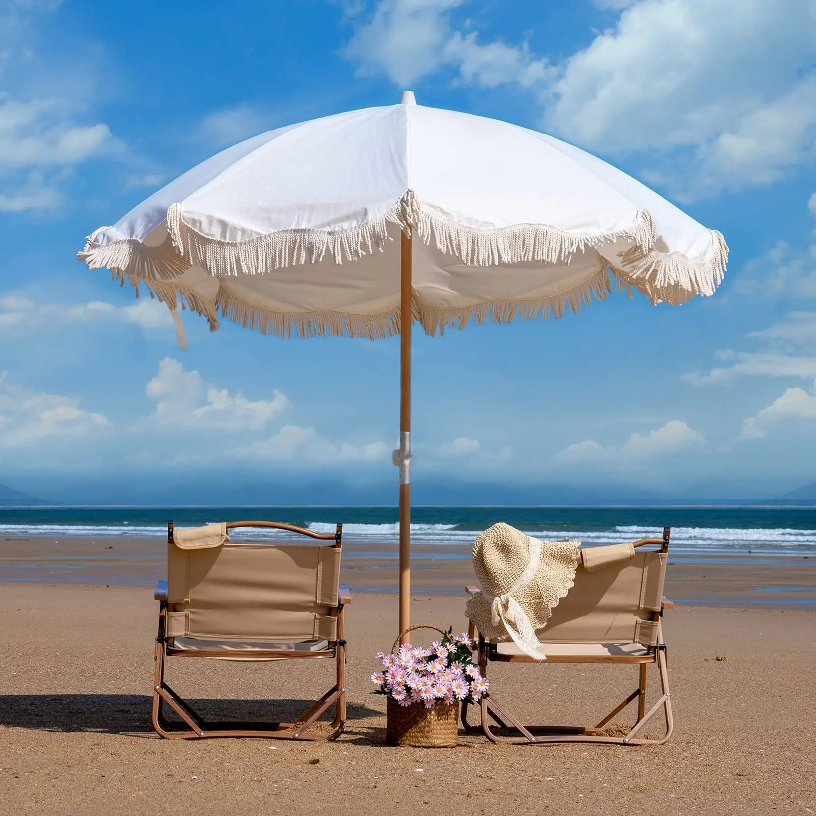 Изготовленный на заказ портативный деревянный столб Бохо пляжный зонт роскошный пляжный зонт с бахромой с кисточками