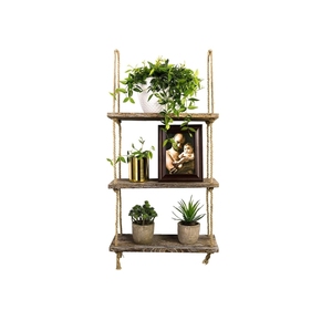 Étagère murale suspendue à 3 niveaux Art Déco pour plantes d'intérieur - Décoration en bois, porte-plantes en corde, utilisation dans la salle de bain et la chambre à coucher - Product Image 1