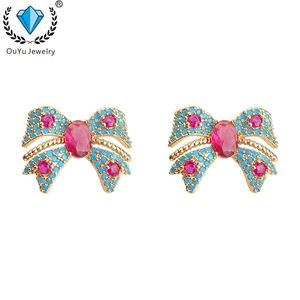 Boucles d'oreilles pendantes tendance, émail <span class=keywords><strong>français</strong></span>, effet goutte d'huile, couleur or, vintage, turquoise, nœud papillon, élégantes, luxe léger - Product Image 1