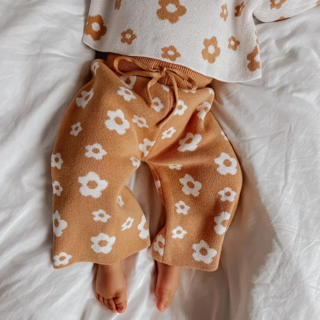 Unisex 2024 New Designer Chunky Plain Spring Maple Fleck Striped 100% Organic Cotton Babi Winter Knit Baby Pants