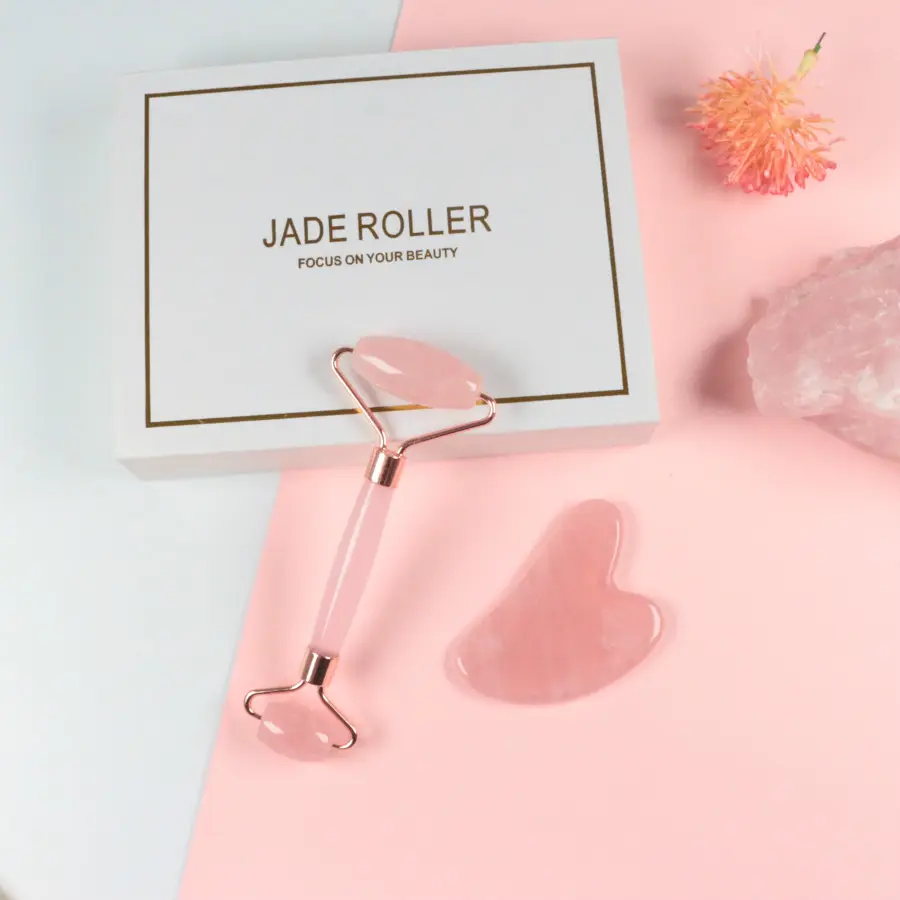 Custom Logo Natuurlijke Hoge Kwaliteit Rozenkwarts Jade Roller Gua Sha Set Met Doos