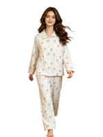 Pyjama long en coton pur respirant de luxe pour femme, automne/printemps, manches longues, en polaire fine, col rabattu, taille élastique