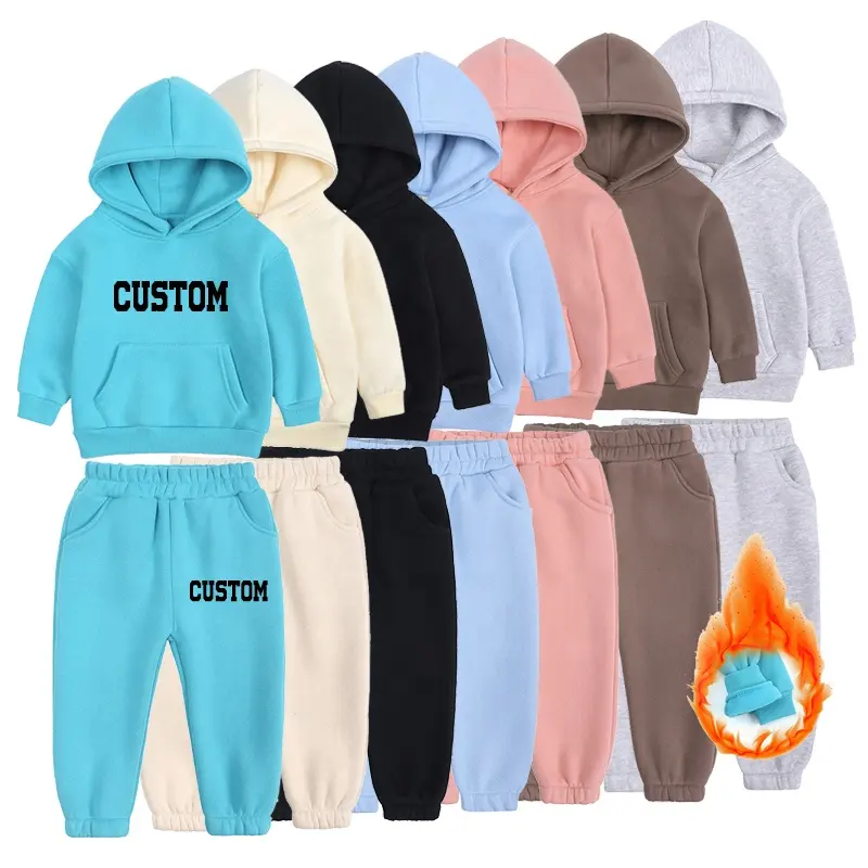 Kış özel marka çocuklar polar Hoodies seti 2 adet çocuk boş Logo baskı koşu eşofman çocuklar Hoodies ve ter pantolon seti