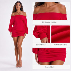 Abito da donna personalizzato, <span class=keywords><strong>abbigliamento</strong></span> su misura, rosso, con spalle scoperte, sexy, aderente, da festa, estivo, mini. - Product Image 3