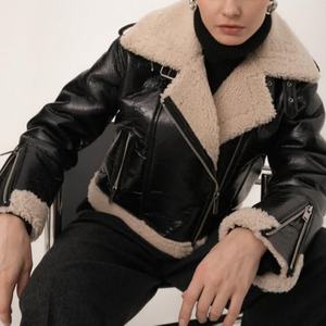 Abrigo Corto de Invierno para Mujer en Oferta, Chaqueta de Cuero PU con Cuello de Solapa y Parches de Lana de Cordero, Cierre de Cremallera, Parka - Product Image 2