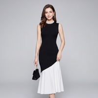 Robe en tricot élégante noire et blanche contrastée sur mesure ODM pour femmes, robe midi asymétrique sans manches à blocs de couleur, vente en gros