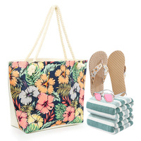 4 pièces bohème Kit de voyage d'été motif géométrique fourre-tout corde poignée tongs lunettes de soleil rayé serviette sac de plage ensemble pour femme