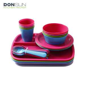 Kids Color Plastic Dinnerware Set 24 Piece Set Includes Plates, Bowls, Cups, Flatware Set Reusable, Microwave Dishwasher Safe