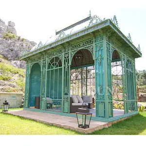 Gazebo de metal personalizado para jardín, gazebo con tapa de metal cerrada para exteriores, con vidrio templado y puertas