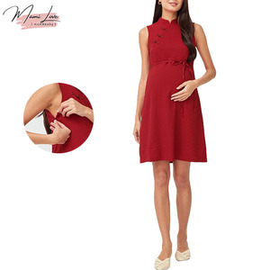 <span class=keywords><strong>Robe</strong></span> <span class=keywords><strong>de</strong></span> maternité et d'<span class=keywords><strong>allaitement</strong></span> rouge, col bateau, sans manches, coupe trapèze, longueur genou, respirante, anti-allergique, écologique, pour l'été - Product Image 3