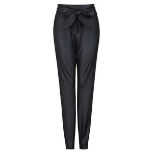 Pantalons pour femmes, leggings tendance, nœud décoratif, skinny, taille haute, couleur unie, cuir mat, pantalon rouge vin, noir, <span class=keywords><strong>PU</strong></span> - Product Image 1