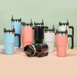 Wholesale Custom Logo Print, Car Travel Mug With Handle Straw Lid Coated 20oz 30oz <b>Double</b> <b>Wall</b> Stainless Steel Vacuum Tumbler/ - Product Image 1
