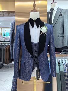 Châle O col hommes Slim Fit brillant affaires <span class=keywords><strong>3</strong></span> <span class=keywords><strong>pièces</strong></span> brillant <span class=keywords><strong>bleu</strong></span> un bouton smoking hommes costumes de mariage MSS725 - Product Image 2