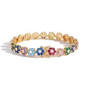 Bohemian Gold Filled Rainbow CZ Flower Bracelet Iced Out Diamond Floral Tennis Chain Bracelet Women Men Fashion Hiphop Jewelry