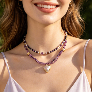Collier élégant pour femme, tendance, en pierres naturelles, perles superposées, améthyste en forme de cœur, pour soirée - Product Image 1