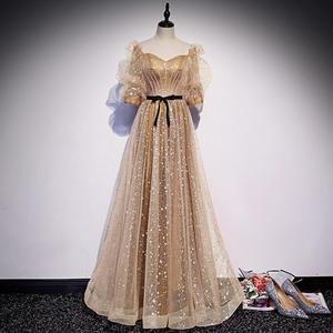 Women's Evening Gown Champagne Gold Chiffon Backless Empire Waist A-Line Long Dress For Hostess - Product Image 3