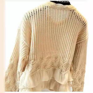 เสื้อสเวตเตอร์ถักสำหรับผู้หญิง ตกแต่งผ้าตาข่าย คอทรงกลม แต่งระบายชายเสื้อ ลายดอกไม้ 3 มิติ สไตล์ลำลอง ทรงหลวม แฟชั่น - Product Image 4