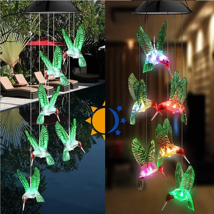 Wholesale led hummingbird wind chimes color changing solar wind chimes family party night garden decoration hanging lights