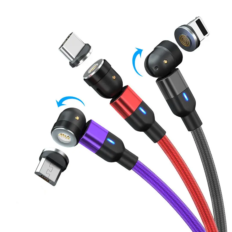 540 Degree 1M 2M Data Cables Micro Magnetic Charger 3 In 1 Suction Rotary Type C USB C LOS Fast Charging Cable