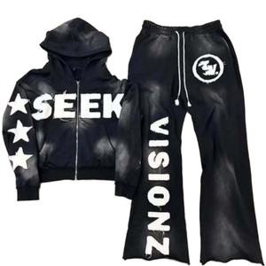 Ensemble de survêtement pour homme avec broderie surdimensionnée délavée à l'acide, style vintage, pantalon évasé respirant pour l'automne - Product Image 5