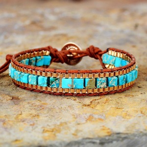 Turquoise Blue Geometric Beaded Bracelet Copper Alloy Channel Setting Leather Wrap Gift Jewelry - Product Image 1