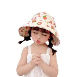 귀여운 한국 스타일 큰 챙 바이저 모자 소녀를위한 어린이 과일 프린트 빈 탑 모자