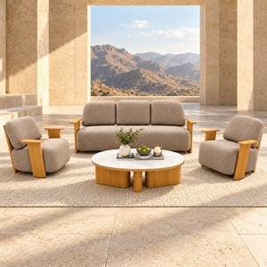 Ensemble de canapés d'extérieur en aluminium imitation bois avec coussins en oléfine, cinq places, meubles de patio avec table basse - Product Image 1