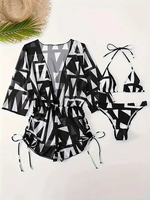 Ensemble 3 pièces de bikini européen et américain à manches longues en maille respirante, taille haute imprimée avec cordon de serrage et effet gainant